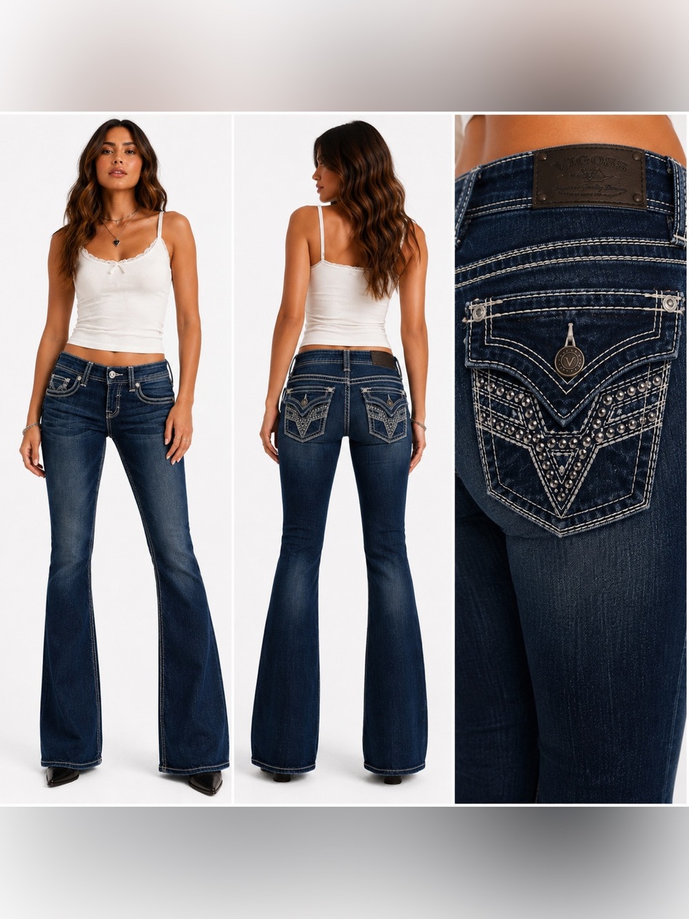 Vigoss Bootcut Jeans Y2K Rhinestone Studded Flap Pocket Dark Wash Denim Size 30